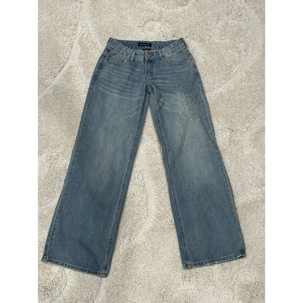 Aeropostale Women’s Baggy Wide Leg Jeans Sz 2 With Peace Love Happy Symbols